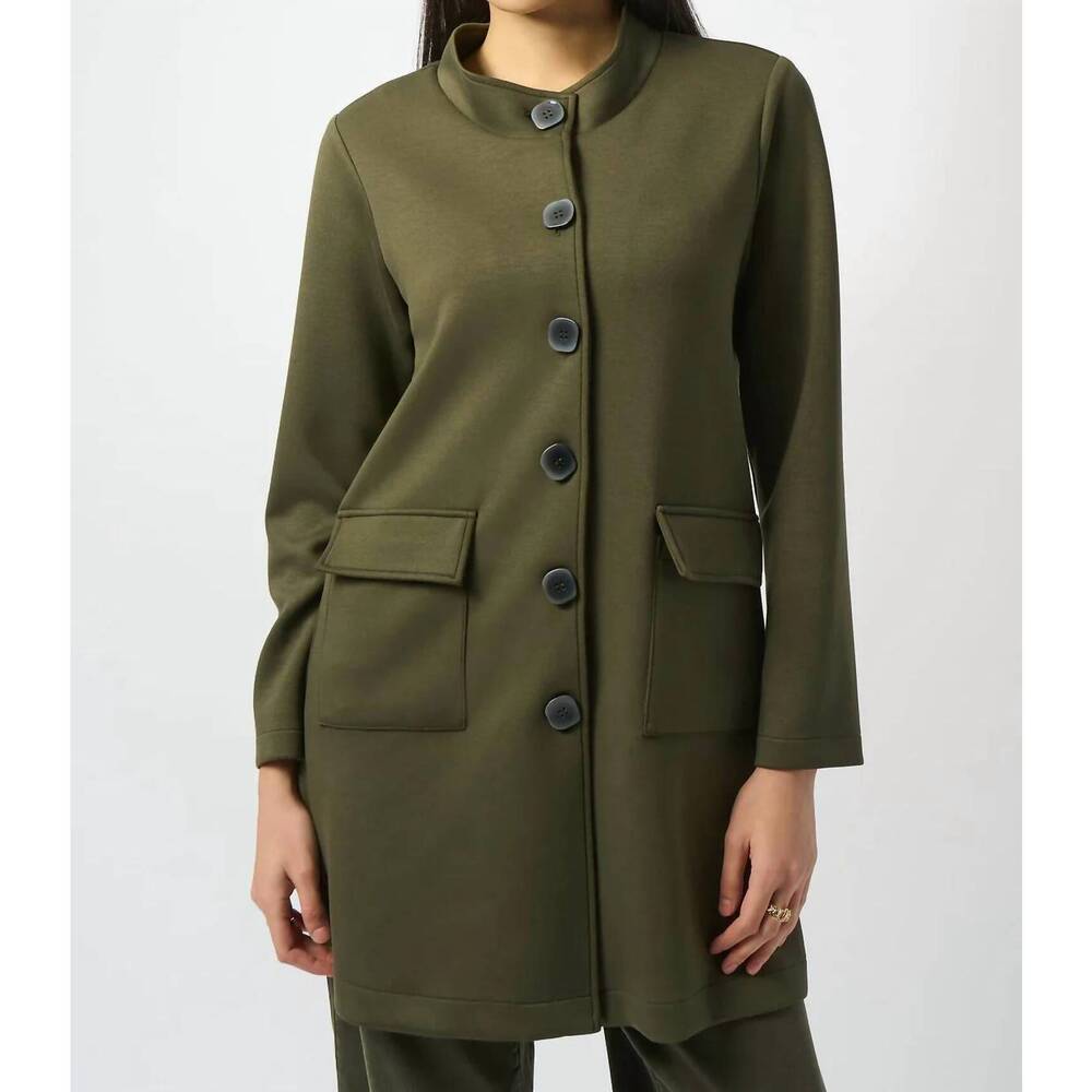 NEW JOSEPH RIBKOFF stand collar faux pocket long sleeve coat in khaki
